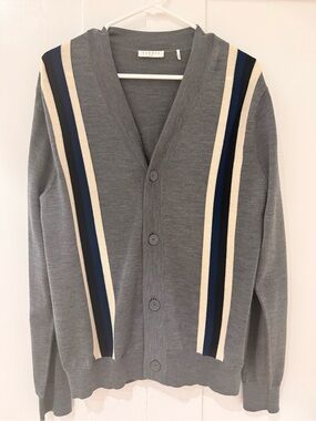 Sandro Gray Cardigan with Navy and Cream Stripes
